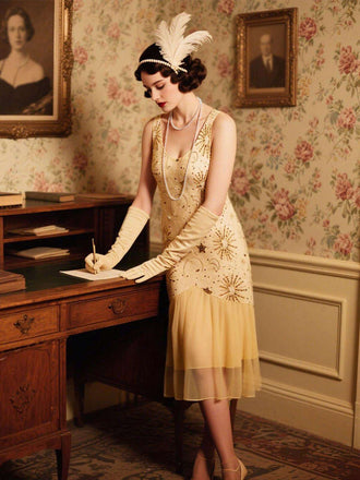 [Prévente] Robe champagne en maille pailletée avec collier perles années 1920