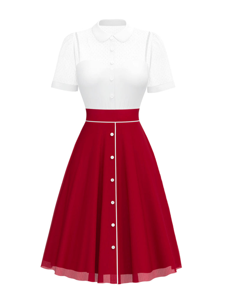 [Prévente] Robe patchwork en mousseline de soie à pois rouges et blancs années 1940