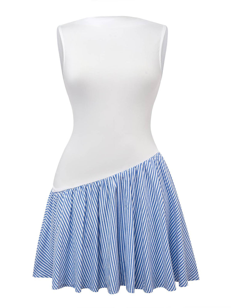 Robe plissée patchwork rayures bleues des années 1950