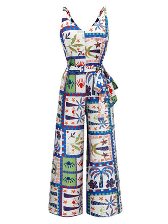 Combinaison bleue à imprimé plagesans manches années 1930