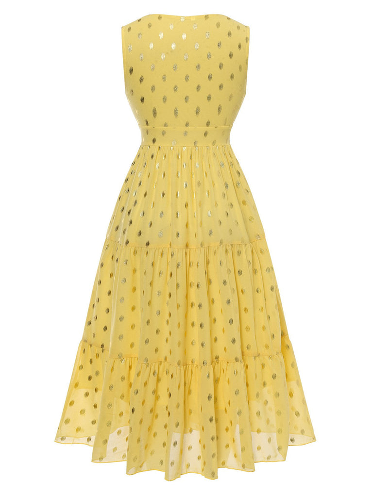 Robe jaune à pois et dentelle patchwork des années 1950