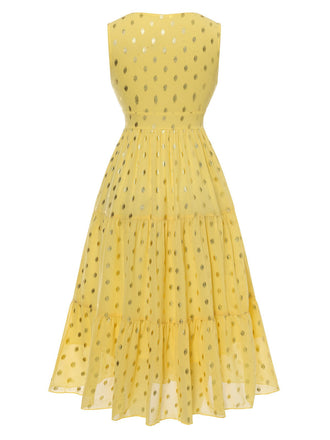 Robe jaune à pois et dentelle patchwork des années 1950