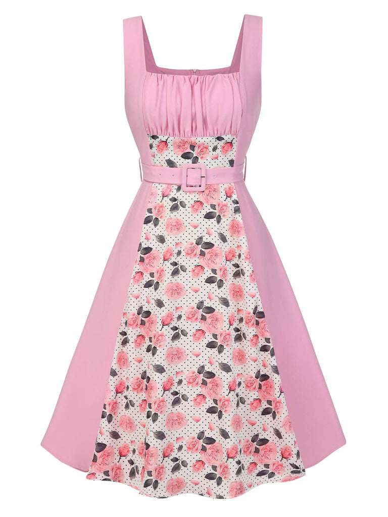[Prévente] Robe roses rose à pois et col carré des années 1950