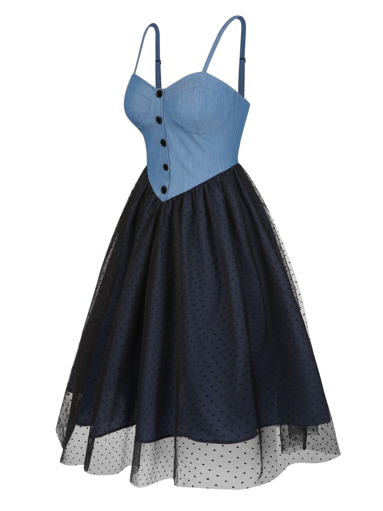 [Prévente] Robe bleue en denim à pois et maille années 1950