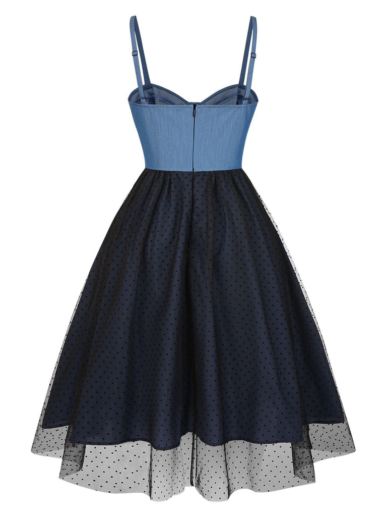 [Prévente] Robe bleue en denim à pois et maille années 1950