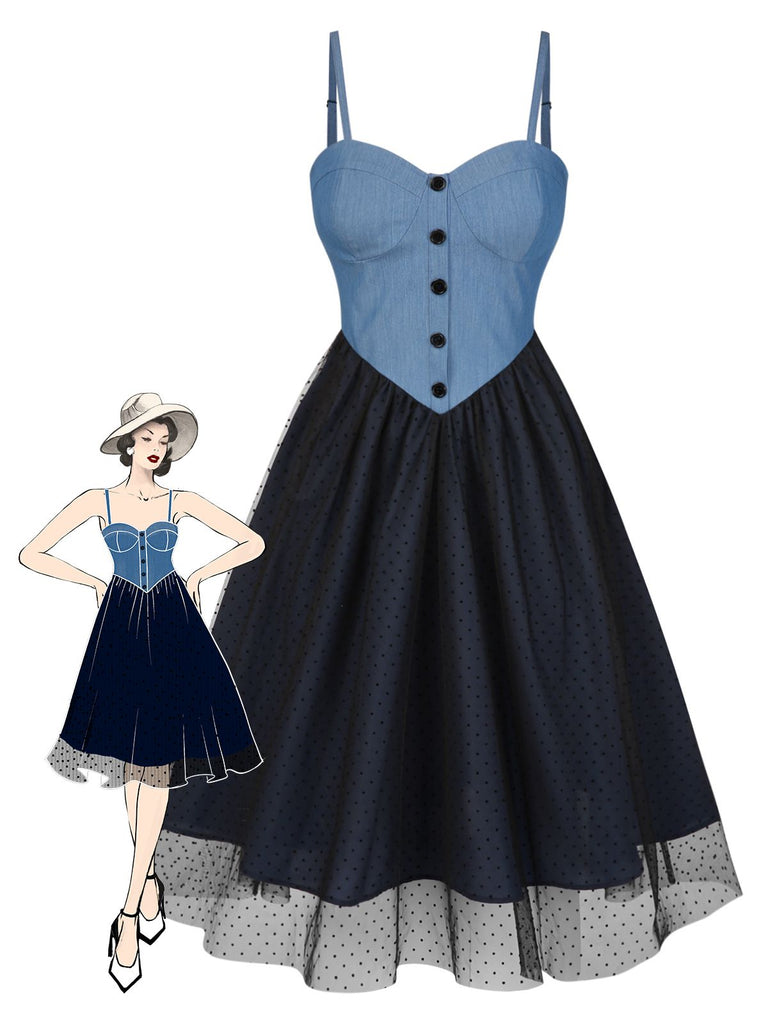 [Prévente] Robe bleue en denim à pois et maille années 1950