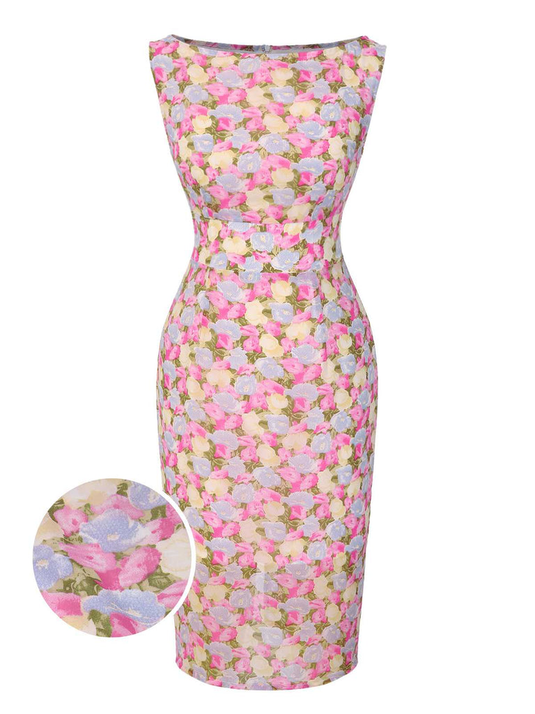 [Prévente] Robe moulante rose fleurie à col bateau années 1960