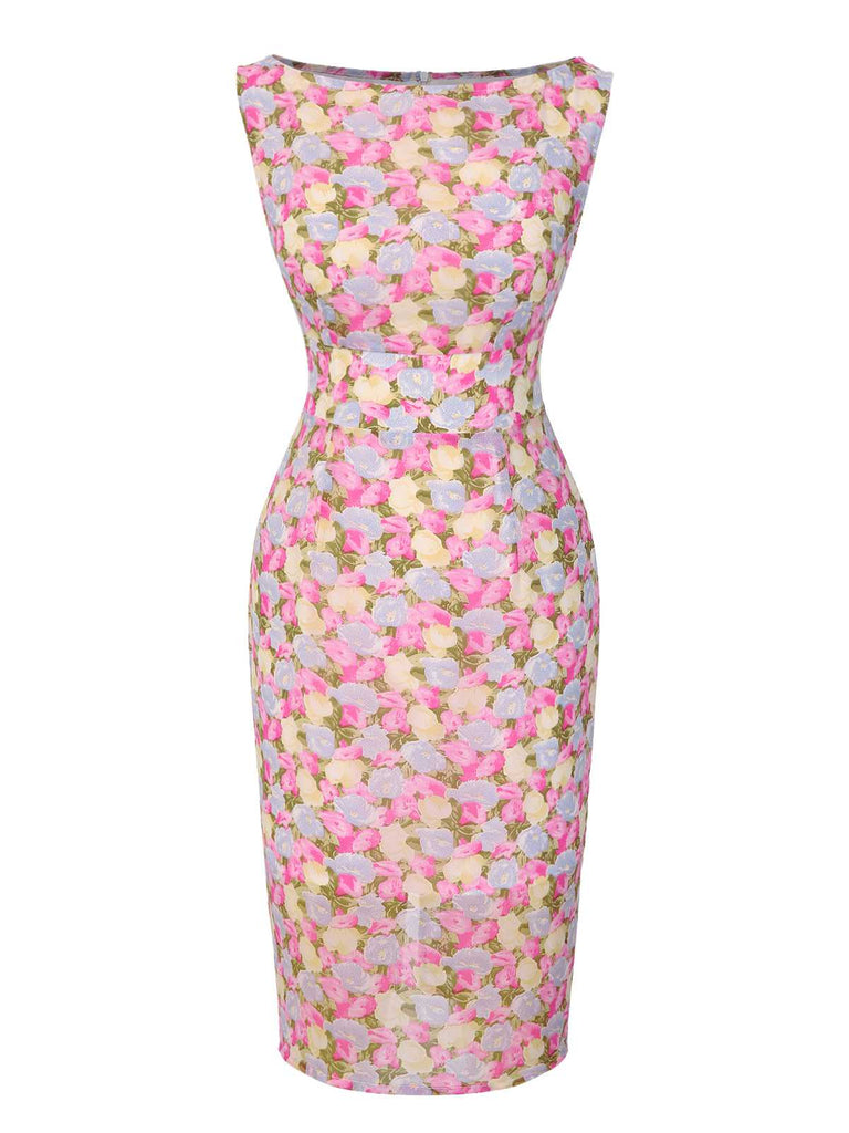[Prévente] Robe moulante rose fleurie à col bateau années 1960