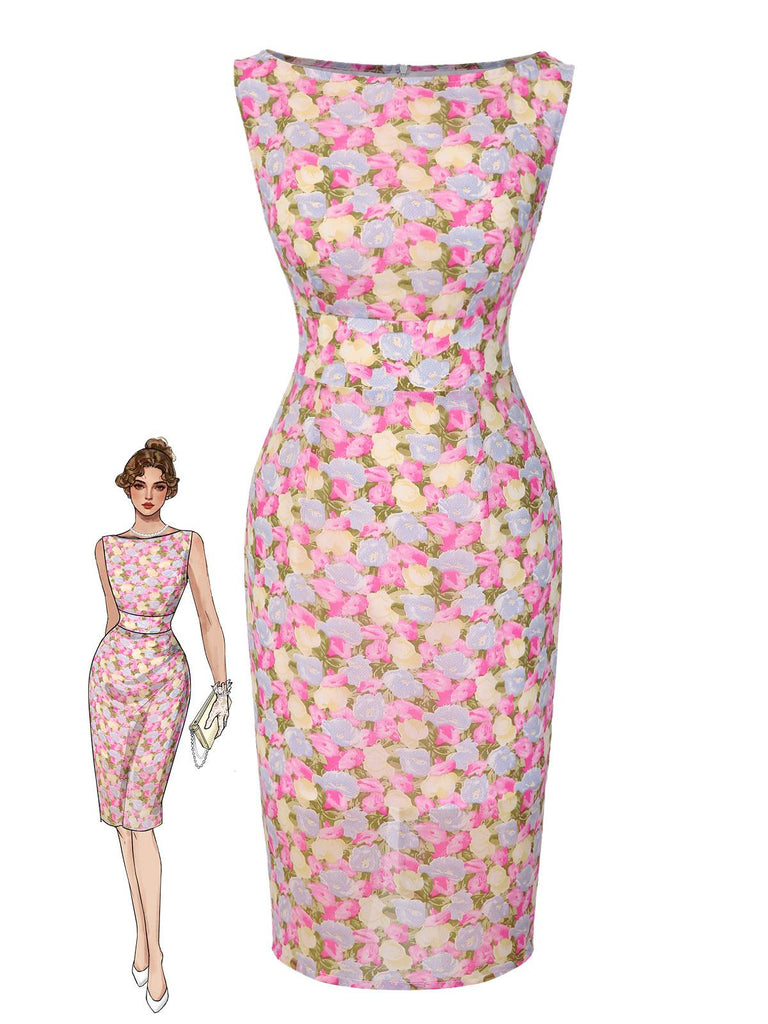 Robe moulante rose fleurie à col bateau années 1960