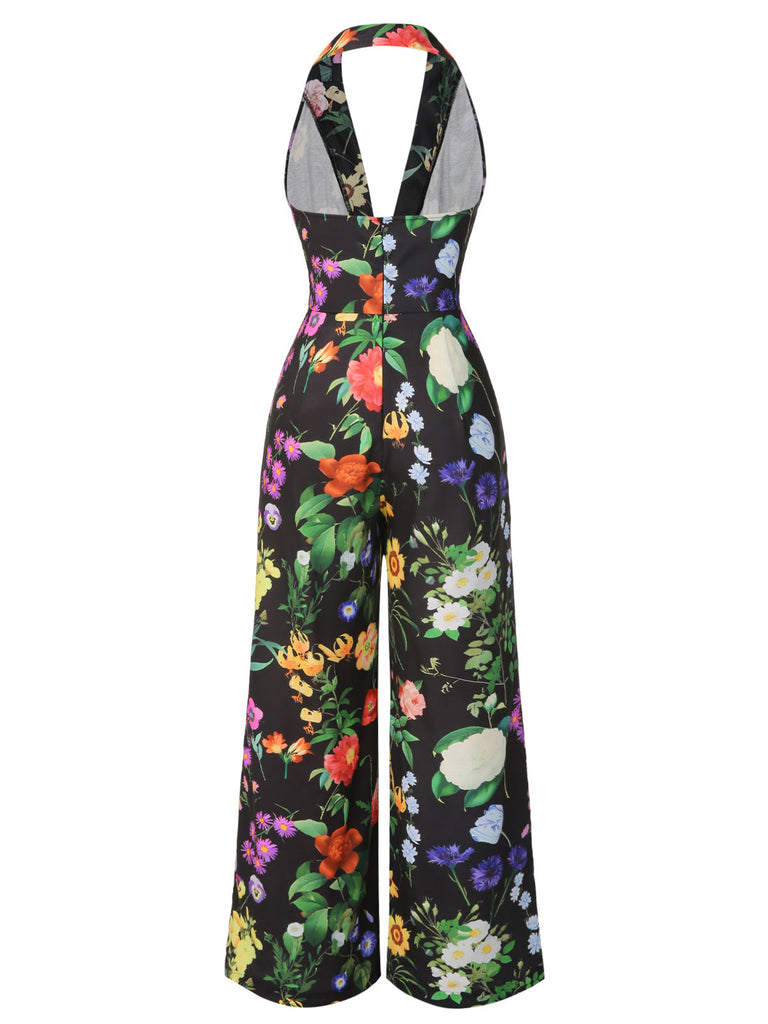 Combinaison dos nu noire fleur à col en V années 1930