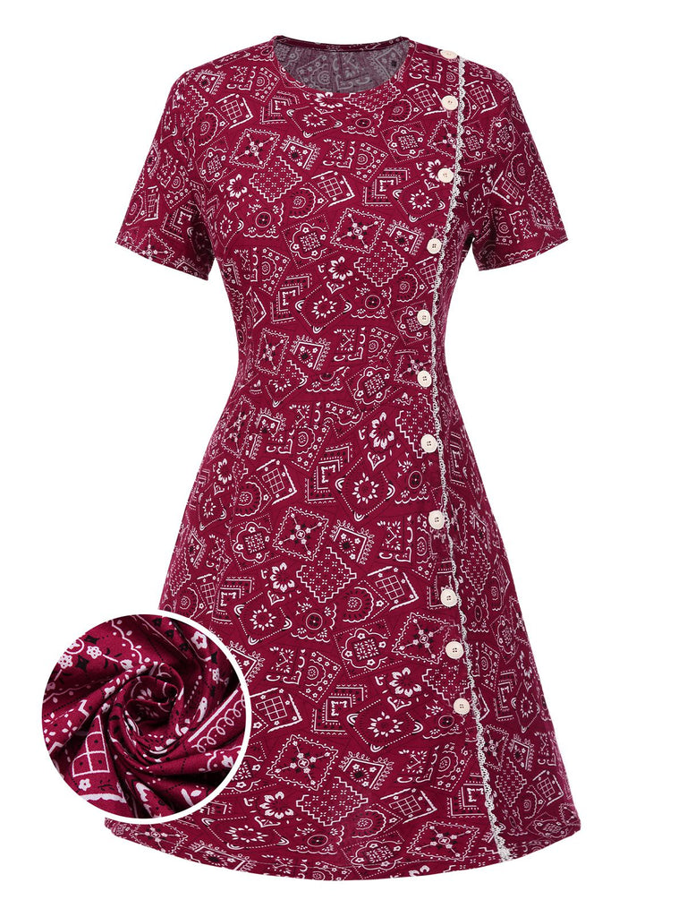 [Prévente] Robe rouge coton à col incliné géométrique années 1960