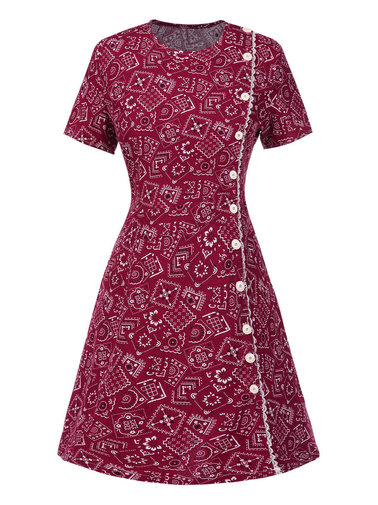 [Prévente] Robe rouge coton à col incliné géométrique années 1960
