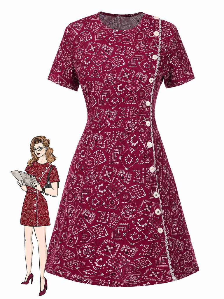 [Prévente] Robe rouge coton à col incliné géométrique années 1960