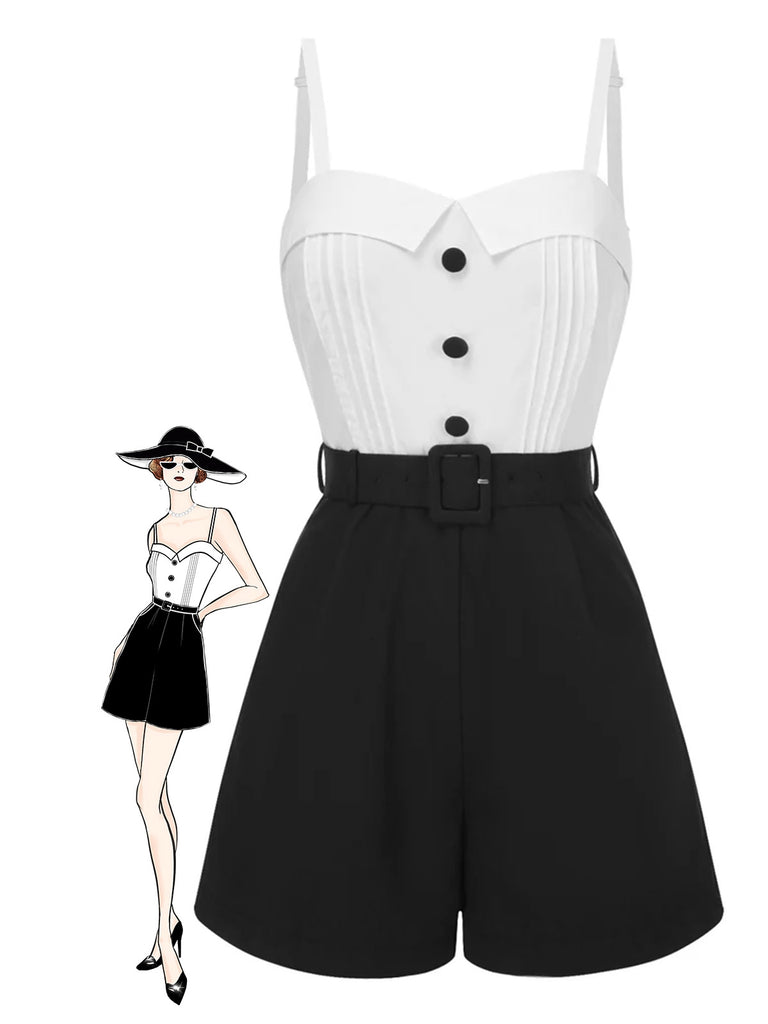 [Prévente] Combishort blanche et noire coton à bretelles années 1950