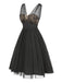 Robe trapèze noire fleurie en dentelle et maille années 1950