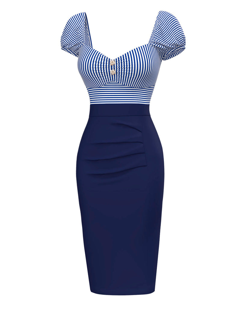 [Prévente] Robe crayon rayures bleu foncé manches bouffantes années 1960