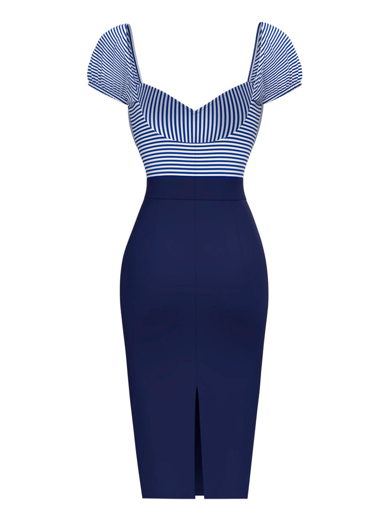[Prévente] Robe crayon rayures bleu foncé manches bouffantes années 1960