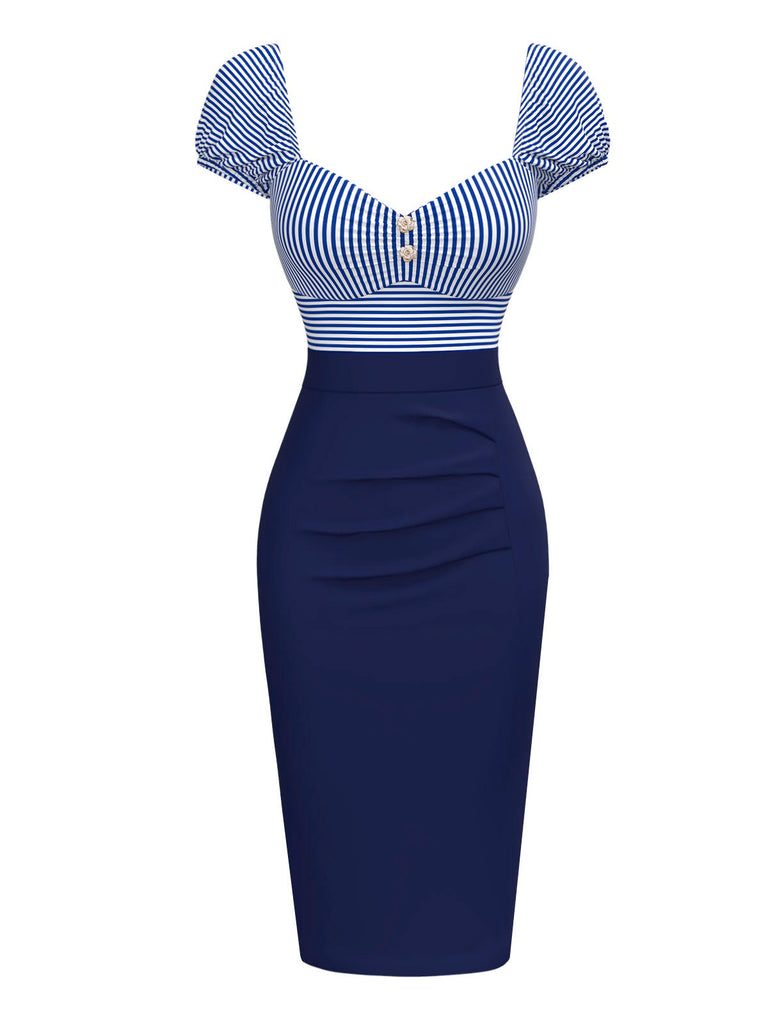 [Prévente] Robe crayon rayures bleu foncé manches bouffantes années 1960