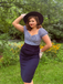Robe crayon rayures bleu foncé manches bouffantes années 1960