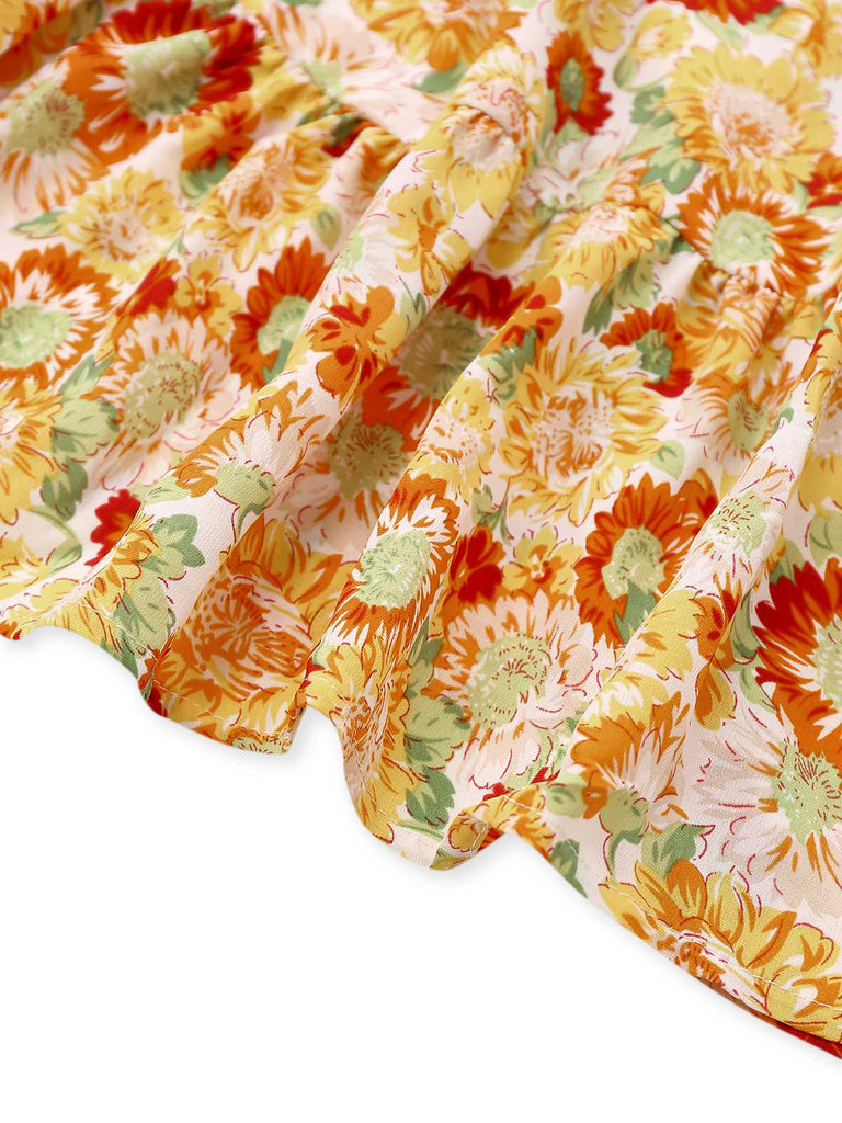 Robe bohème orange tournesol à col en V profond années 1970