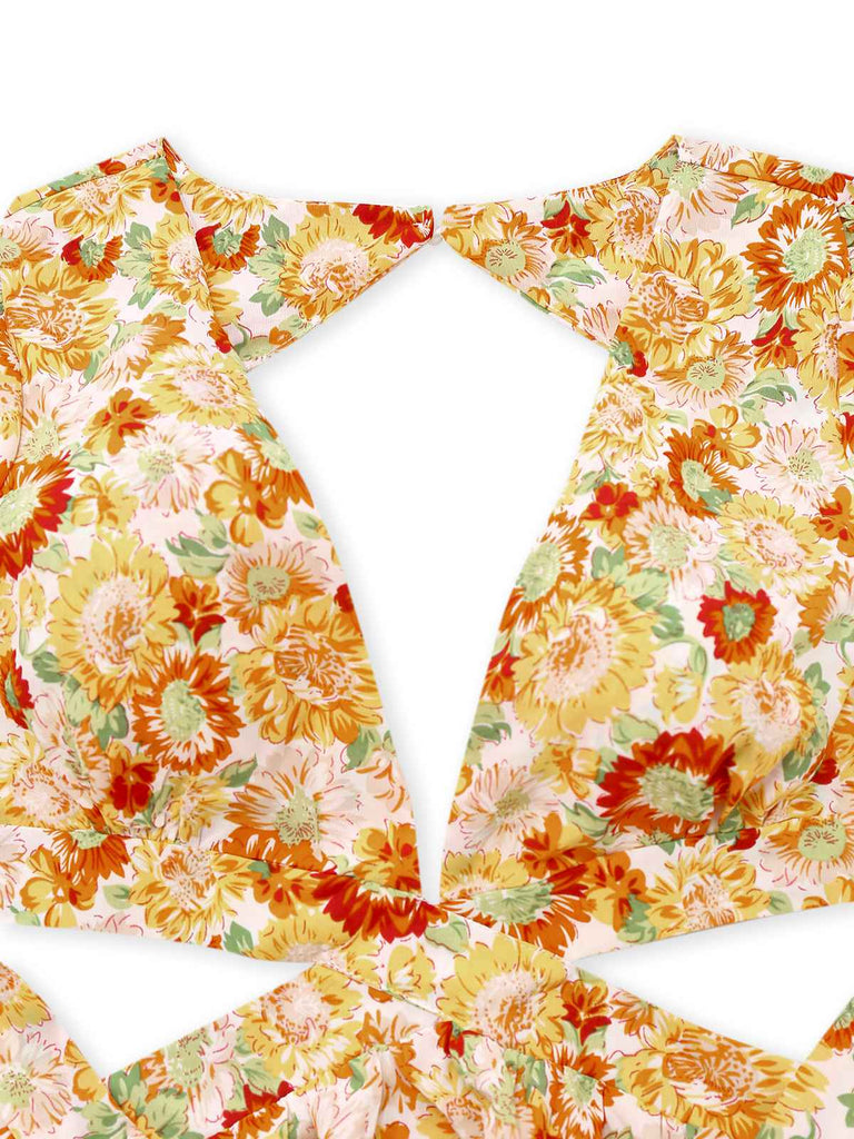Robe bohème orange tournesol à col en V profond années 1970