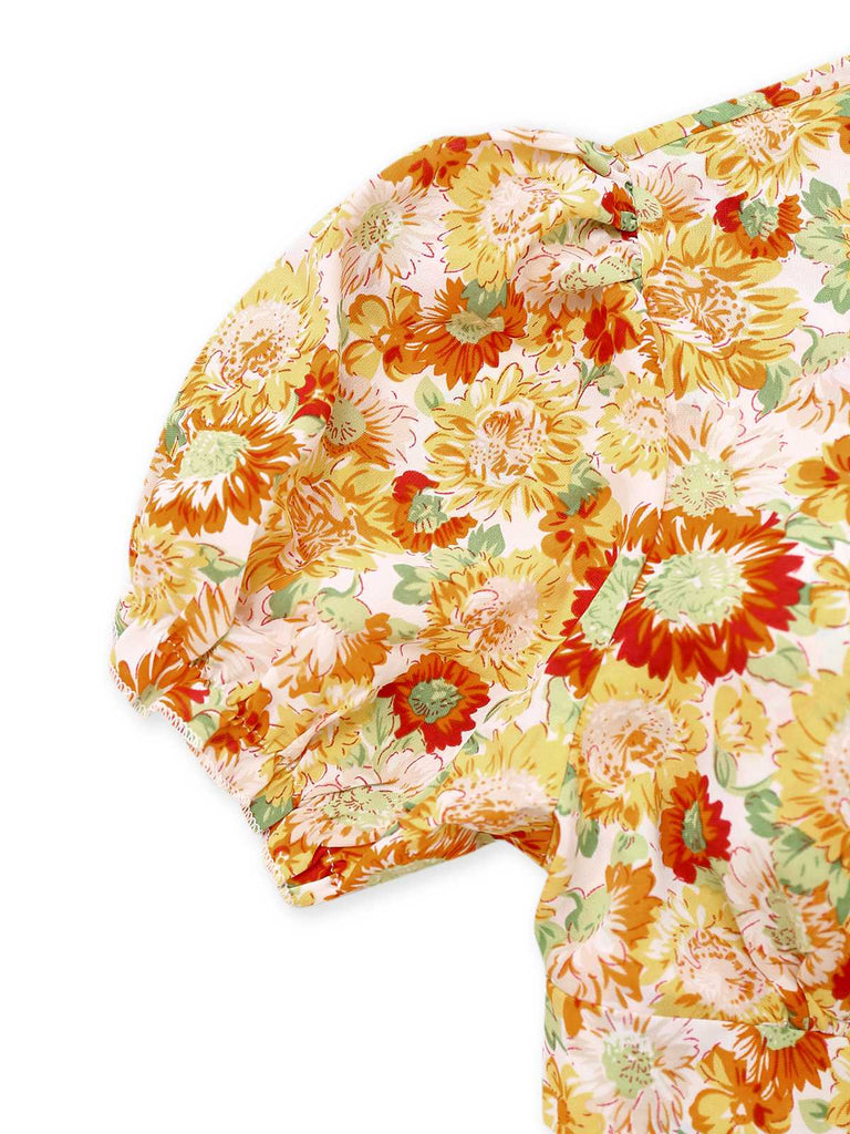 Robe bohème orange tournesol à col en V profond années 1970
