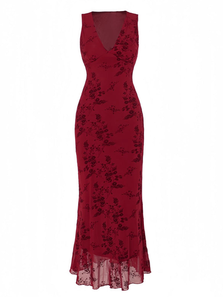 Robe en maille fleurie col v rouge vin des années 1930