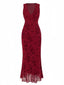 Robe en maille fleurie col v rouge vin des années 1930