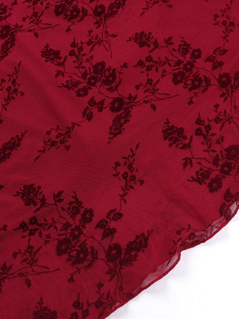 Robe en maille fleurie col v rouge vin des années 1930