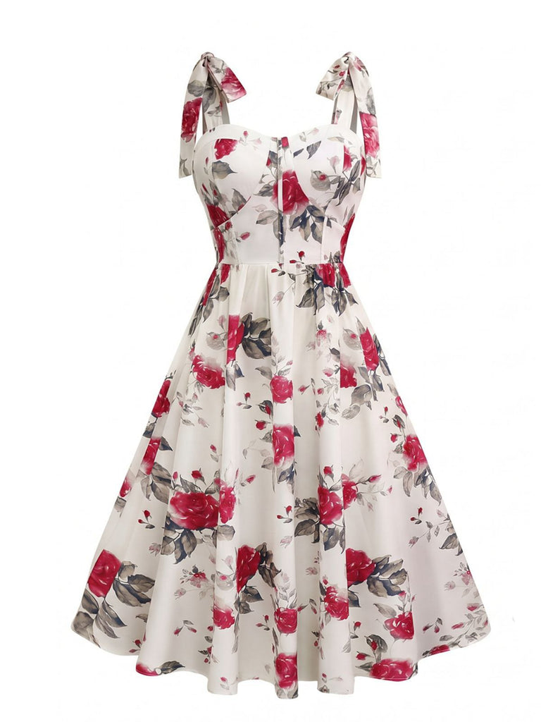 Robe trapèze blanche à lacets et imprimé roses des années 1950