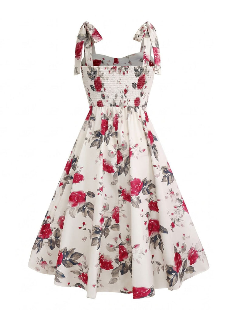 Robe trapèze blanche à lacets et imprimé roses des années 1950