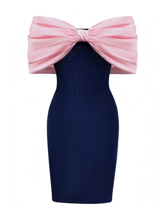 Robe rose velours à gros nœud épaules dénudées années 1960