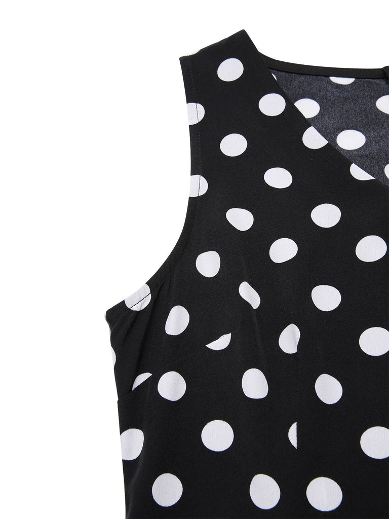 [Prévente] Robe noire à pois et col en V des années 1960