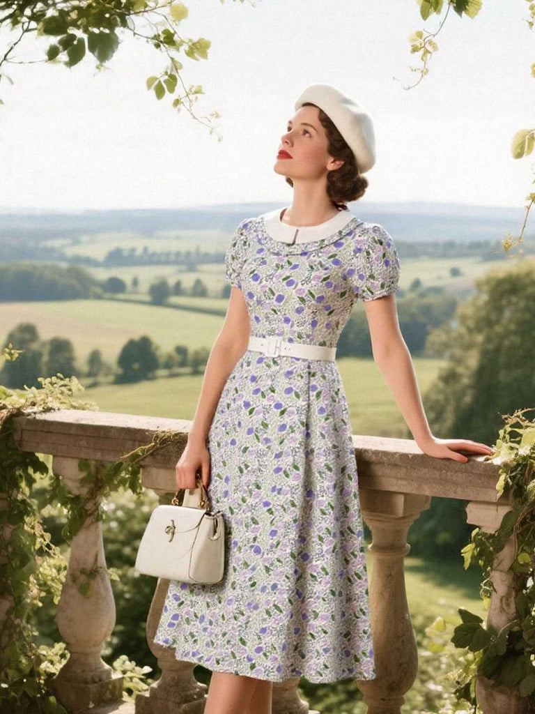 [Prévente] Robe col claudine roses froncé lavande années 1940