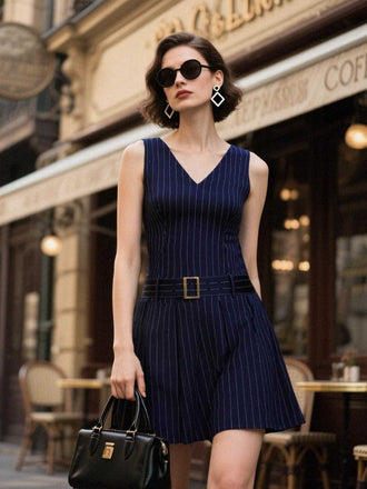 Robe bleue plissée rayures et ceinture années 1960