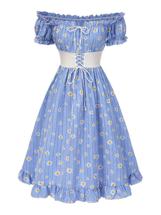 Robe bleue à carreaux épaules dénudées années 1950