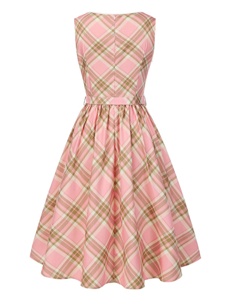 [Prévente] Robe rose à carreaux tartan avec nœud et ceinture années 1950