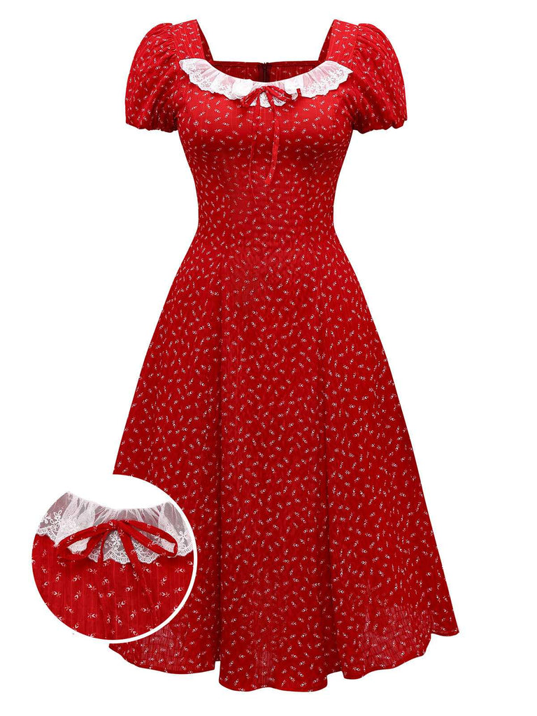 [Prévente] Robe rouge à volants manches bouffantes en dentelle florale des années 1940