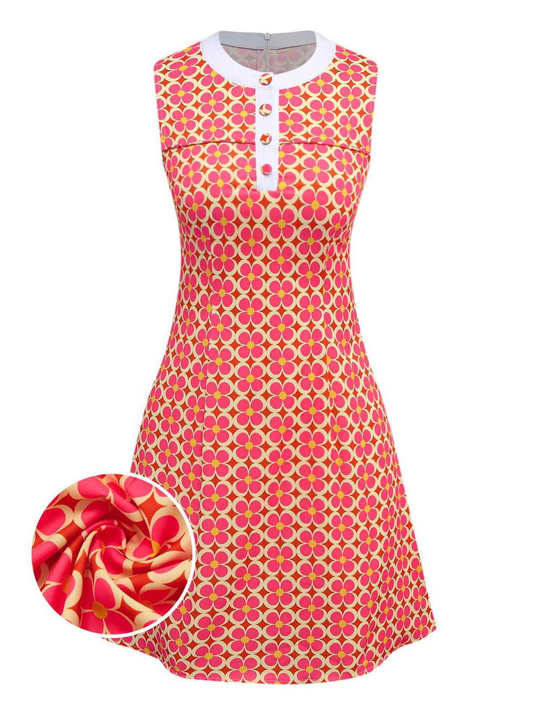 [Prévente] Robe orange imprimé fleurs contrastées boutonnée années 1960