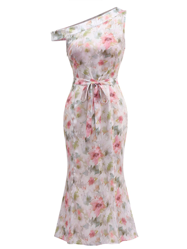 [Prévente] Robe sirène beige col oblique fleurs peint des années 1930