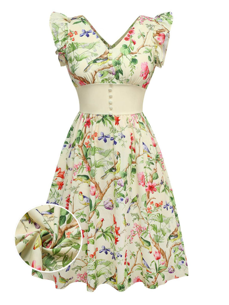 [Prévente] Robe jaune oiseaux et fleurs à volants années 1950