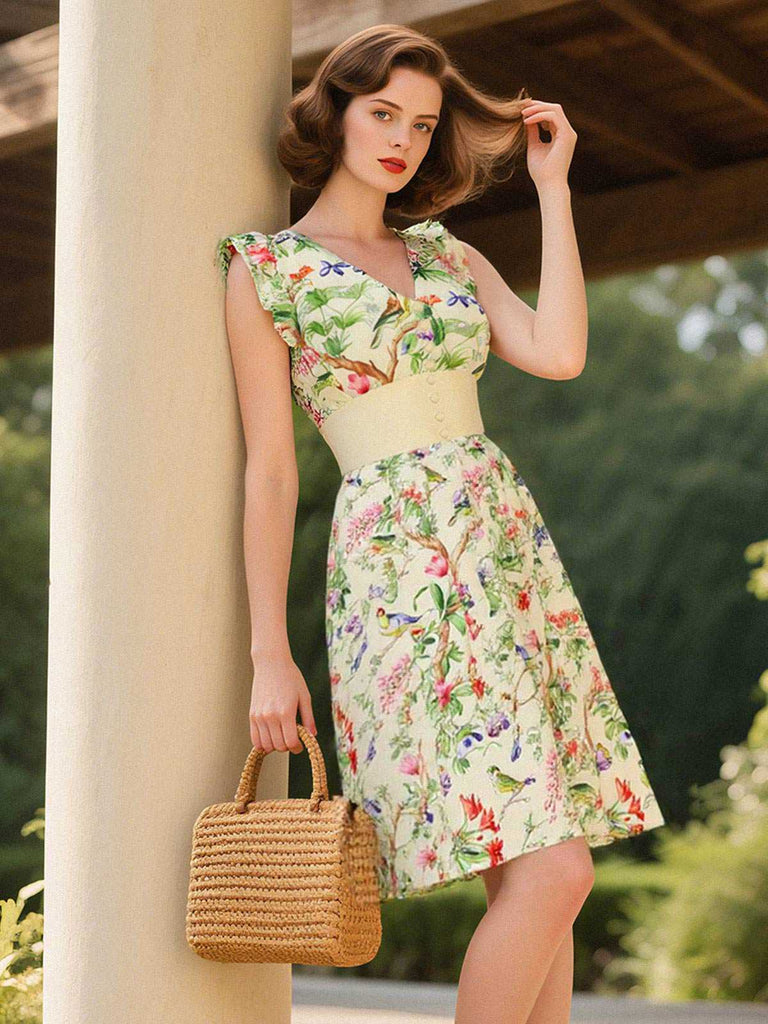 [Prévente] Robe jaune oiseaux et fleurs à volants années 1950