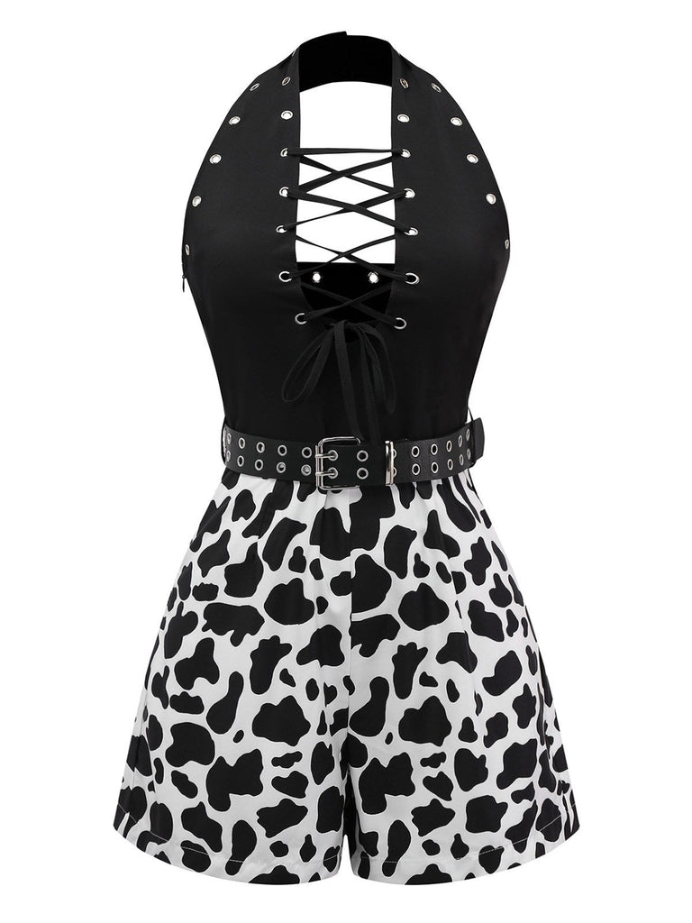 [Prévente] Combishort noire style punk imprimés peau de vache creuse des années 1980