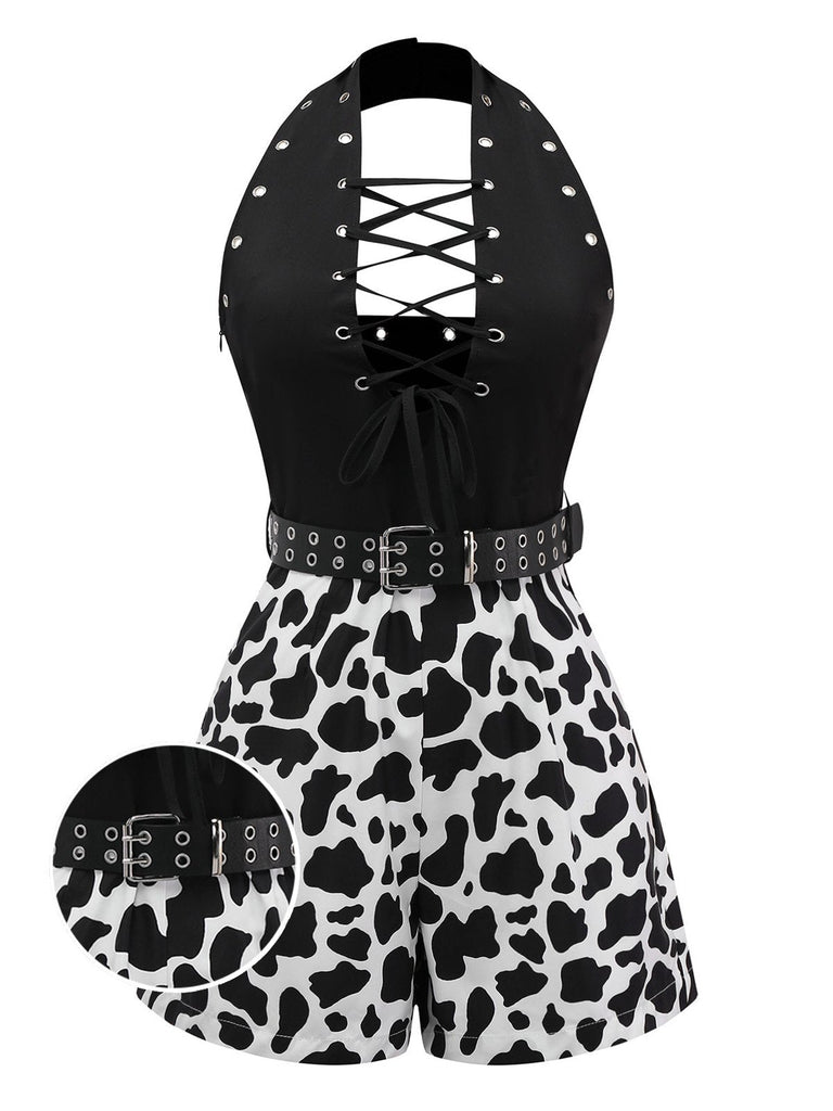 [Prévente] Combishort noire style punk imprimés peau de vache creuse des années 1980
