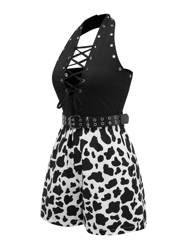 [Prévente] Combishort noire style punk imprimés peau de vache creuse des années 1980