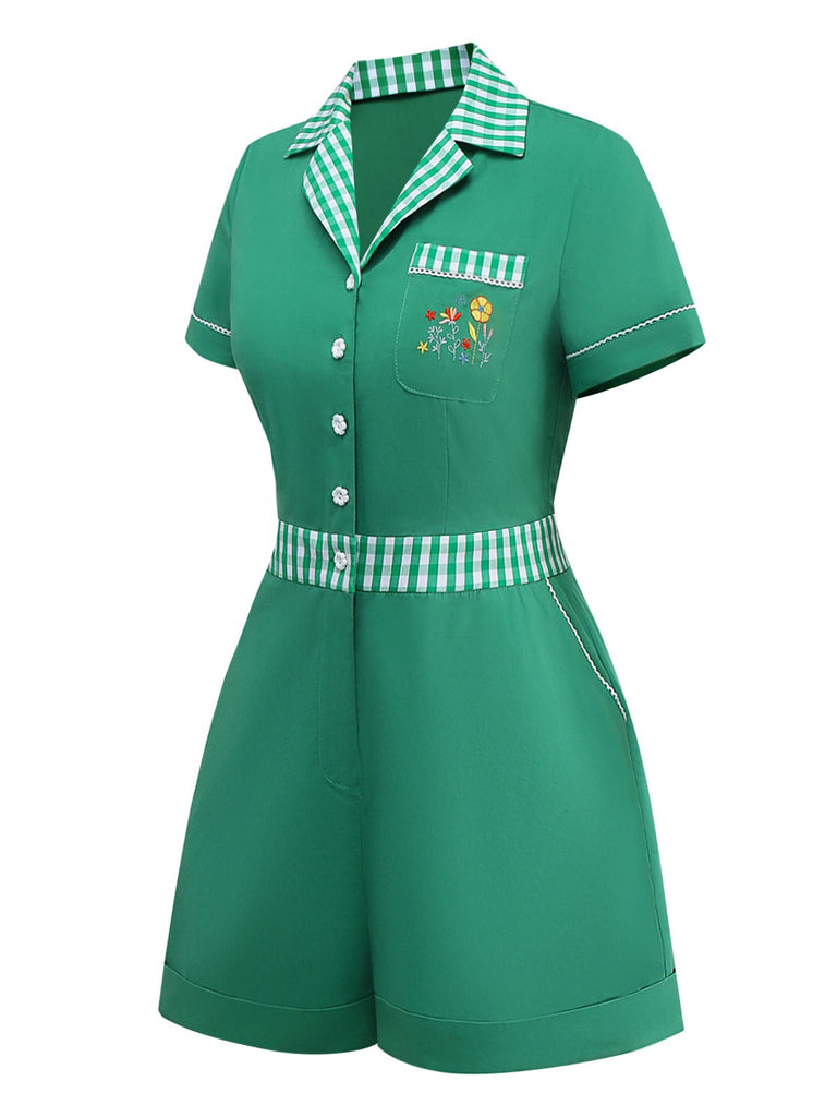[Prévente] Combishort brodée à carreaux patchwork en coton vert des années 1950