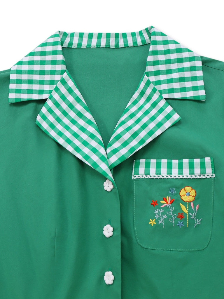 [Prévente] Combishort brodée à carreaux patchwork en coton vert des années 1950