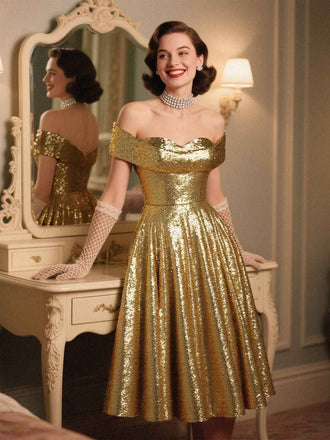 [Prévente] Robe dorée paillettes et épaules dénudées années 1950
