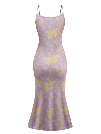 Robe sirène violette à fleurs et papillons années 1930