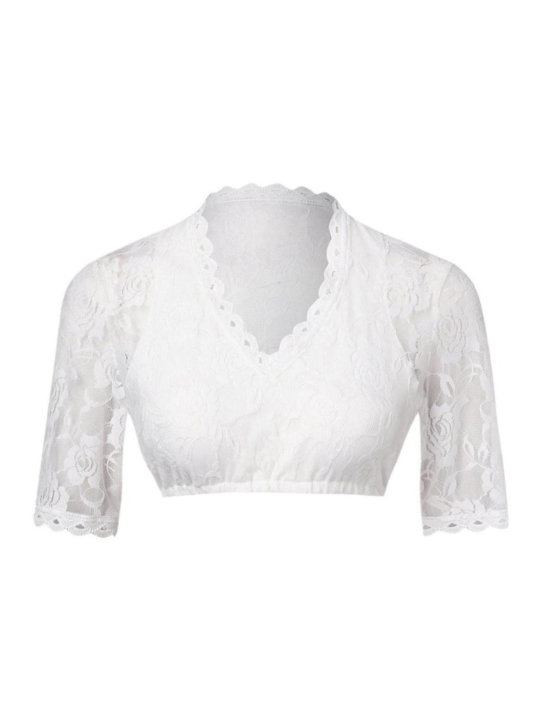 Haut court blanche à col en V en dentelle fleur années 1950